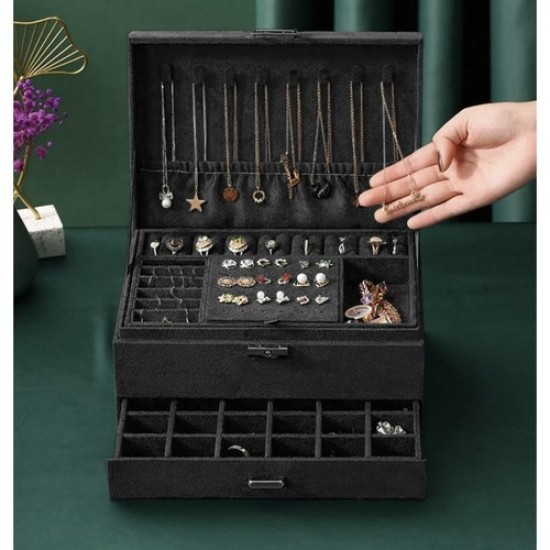 Κοσμηματοθήκη μπιζουτιέρα με 4 επίπεδα σε μαύρο χρώμα, 24.5x17.5x11.5 cm 74p-22262