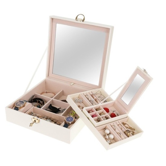 Κοσμηματοθήκη Μπιζουτιέρα με 2 επίπεδα και καθρέφτη από δερματίνη σε λευκό χρώμα 8895