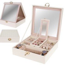 Κοσμηματοθήκη Μπιζουτιέρα με 2 επίπεδα και καθρέφτη από δερματίνη σε λευκό χρώμα 8895