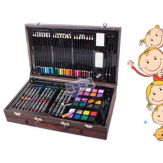 Σετ Ζωγραφικής 143 τεμαχίων με ξύλινο βαλιτσάκι μεταφοράς σε φυσικό χρώμα,-18230
