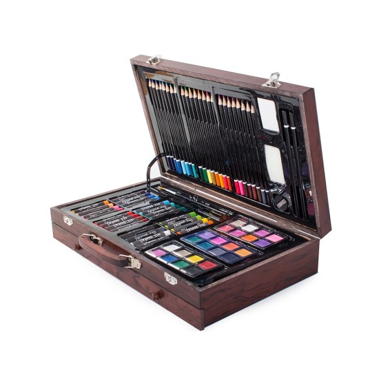 Σετ Ζωγραφικής 143 τεμαχίων με ξύλινο βαλιτσάκι μεταφοράς σε φυσικό χρώμα,-18230