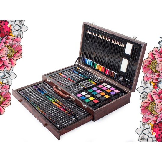 Σετ Ζωγραφικής 143 τεμαχίων με ξύλινο βαλιτσάκι μεταφοράς σε φυσικό χρώμα,-18230