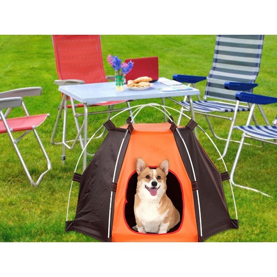 Αδιάβροχη Πτυσσόμενη Φορητή Σκηνή Κατοικιδίων Καφε-Πορτοκαλι  Μικρές Μεσαίες Φυλές 60cm X 50cm-19372_B