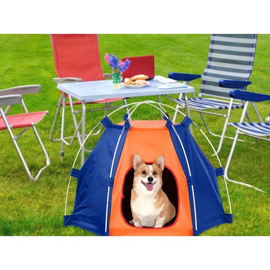Αδιάβροχη Πτυσσόμενη Φορητή Σκηνή Κατοικιδίων Μπλε-Πορτοκαλι  Μικρές Μεσαίες Φυλές 60cm X 50cm-19372_B-