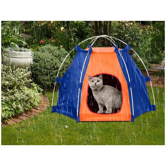 Αδιάβροχη Πτυσσόμενη Φορητή Σκηνή Κατοικιδίων Μπλε-Πορτοκαλι  Μικρές Μεσαίες Φυλές 60cm X 50cm-19372_B-