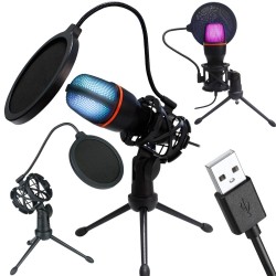 USB Studio Μικρόφωνο με RGB Φωτισμό και Τρίποδο – για Gaming, Streaming, Καρδιοειδές Μοτίβο –8p-27597