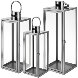  Σετ 3 Φαναριών Ασημί με Γυαλί (63cm, 49cm, 38cm) RUHHY 34p-26477