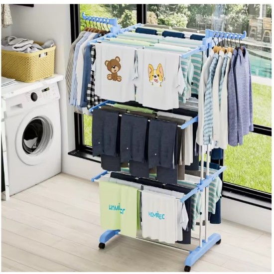 Έξυπνη Απλώστρα Ρούχων 3 Επιπέδων με 2 Πλαϊνά Φτερά & Ρόδες από Ανοξείδωτο Ατσάλι 170 × 74 × 64   165-8765