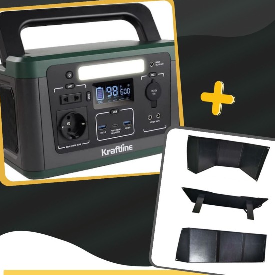 Kraftline Σετ Ενέργειας: Powerstation 600W & Αναδιπλούμενο Ηλιακό Πάνελ 100W – Αυτόνομο Φωτοβολταϊκό Σύστημα για Κάμπινγκ, Τροχόσπιτο, Εξοχικό & Μπλακάουτ –180-332