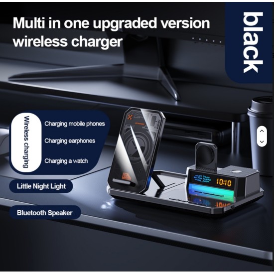 Ασύρματος Φορτιστής 6 σε 1 με Bluetooth Ηχείο, RGB Φωτισμό και Ψηφιακό Ρολόι – για Τηλέφωνο, Ρολόι & Ακουστικά – 30W Σκούρο Γκρι 18-4532