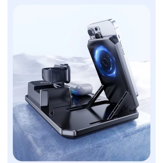 Ασύρματος Φορτιστής 6 σε 1 με Bluetooth Ηχείο, RGB Φωτισμό και Ψηφιακό Ρολόι – για Τηλέφωνο, Ρολόι & Ακουστικά – 30W Σκούρο Γκρι 18-4532