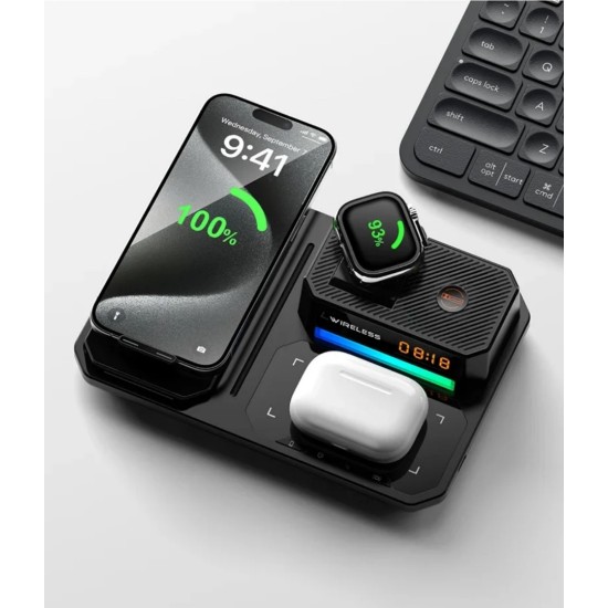 Ασύρματος Φορτιστής 6 σε 1 με Bluetooth Ηχείο, RGB Φωτισμό και Ψηφιακό Ρολόι – για Τηλέφωνο, Ρολόι & Ακουστικά – 30W Σκούρο Γκρι 18-4532