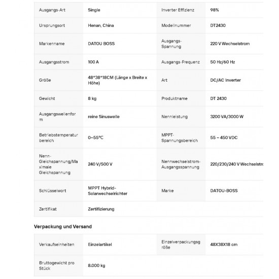 Υβριδικός Solar Inverter MPPT 3000W 24V σε 230V Καθαρού Ημιτόνου με Φορτιστή 100A και Παράλληλη Σύνδεση έως 9 Μονάδες DATOU BOSS 173-6054