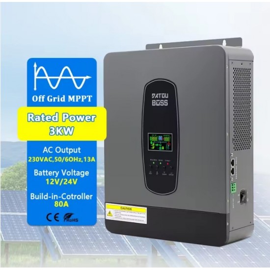 Υβριδικός Solar Inverter MPPT 3000W 24V σε 230V Καθαρού Ημιτόνου με Φορτιστή 100A και Παράλληλη Σύνδεση έως 9 Μονάδες DATOU BOSS 173-6054