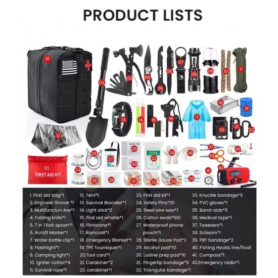 Σακίδιο Επιβίωσης 42 σε 1 με Φαρμακείο, Ραδιόφωνο Hand Crank και Solar Φόρτιση – Tactical Emergency Kit Camping Hiking 35-24707