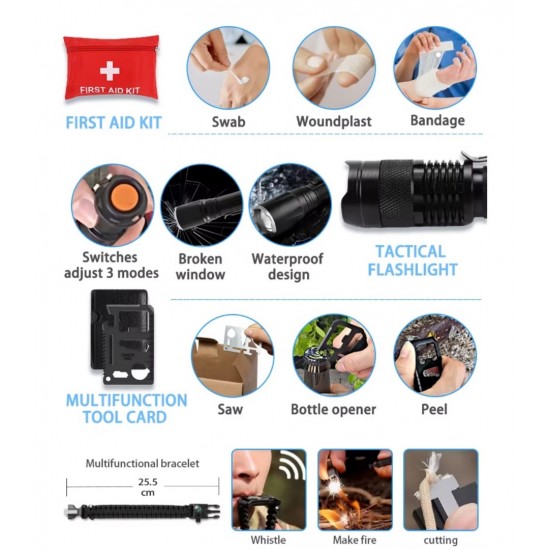 Σακίδιο Επιβίωσης 42 σε 1 με Φαρμακείο, Ραδιόφωνο Hand Crank και Solar Φόρτιση – Tactical Emergency Kit Camping Hiking 35-24707