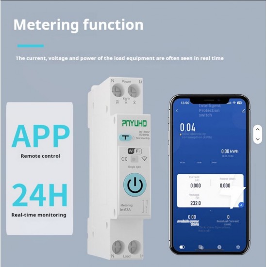 WiFi Έξυπνος Διακόπτης Ράγας DIN RCBO 63A με Μέτρηση Κατανάλωσης, Προστασία Διαρροής και Χειρισμό μέσω Εφαρμογής TUYA– 10-6481