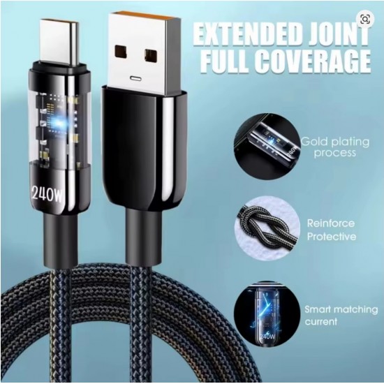 Καλώδιο Φόρτισης USB-A σε USB-C 240W με LED Ένδειξη Ισχύος, Νάιλον Πλέξη και Μήκος 2m 33-1202