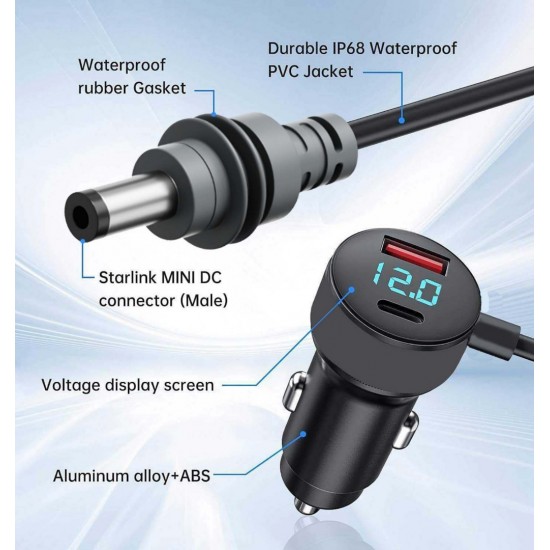 Αντάπτορας Τροφοδοσίας Starlink Mini για Αναπτήρα Αυτοκινήτου 5m  12V/24V με Καλώδιο DC, USB-C PD 35W, USB-A 30W και Ψηφιακή Οθόνη Τάσης 2m - 12-8710