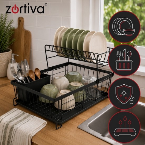 Διώροφη Πιατοθήκη Στεγνωτήριο Πιάτων Zortiva 43cm Μαύρη με Δίσκο Νερού και Θήκη Μαχαιροπίρουνων 14-28229