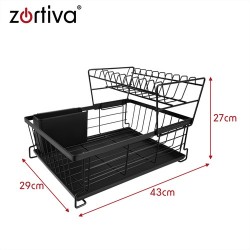 Διώροφη Πιατοθήκη Στεγνωτήριο Πιάτων Zortiva 43cm Μαύρη με Δίσκο Νερού και Θήκη Μαχαιροπίρουνων 14-28229