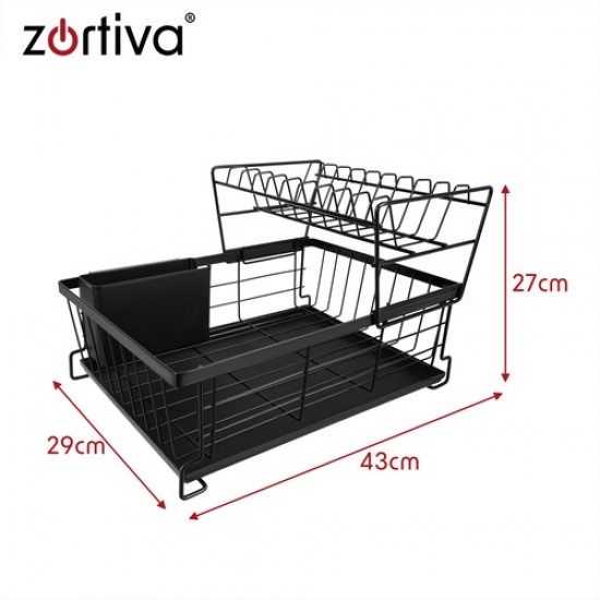 Διώροφη Πιατοθήκη Στεγνωτήριο Πιάτων Zortiva 43cm Μαύρη με Δίσκο Νερού και Θήκη Μαχαιροπίρουνων 14-28229